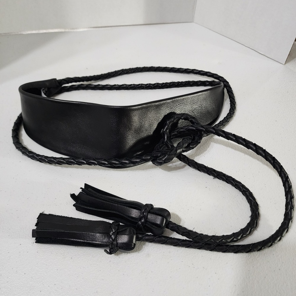 ADA Collection Black Leather Wrap Obi Belt Braided Tassel Tie Made in Argentina